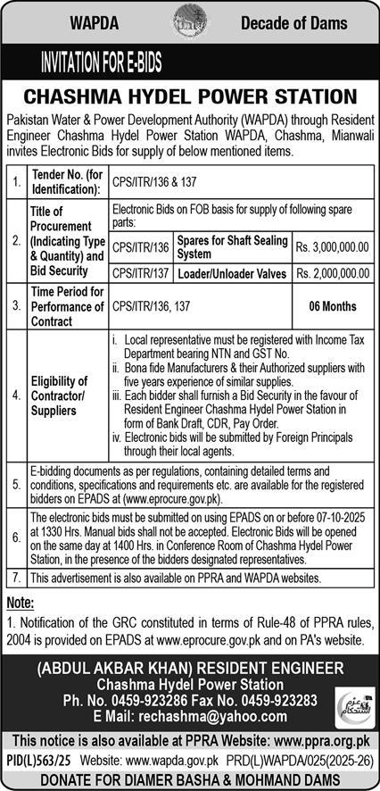 WAPDA Chashma Tender Notice
